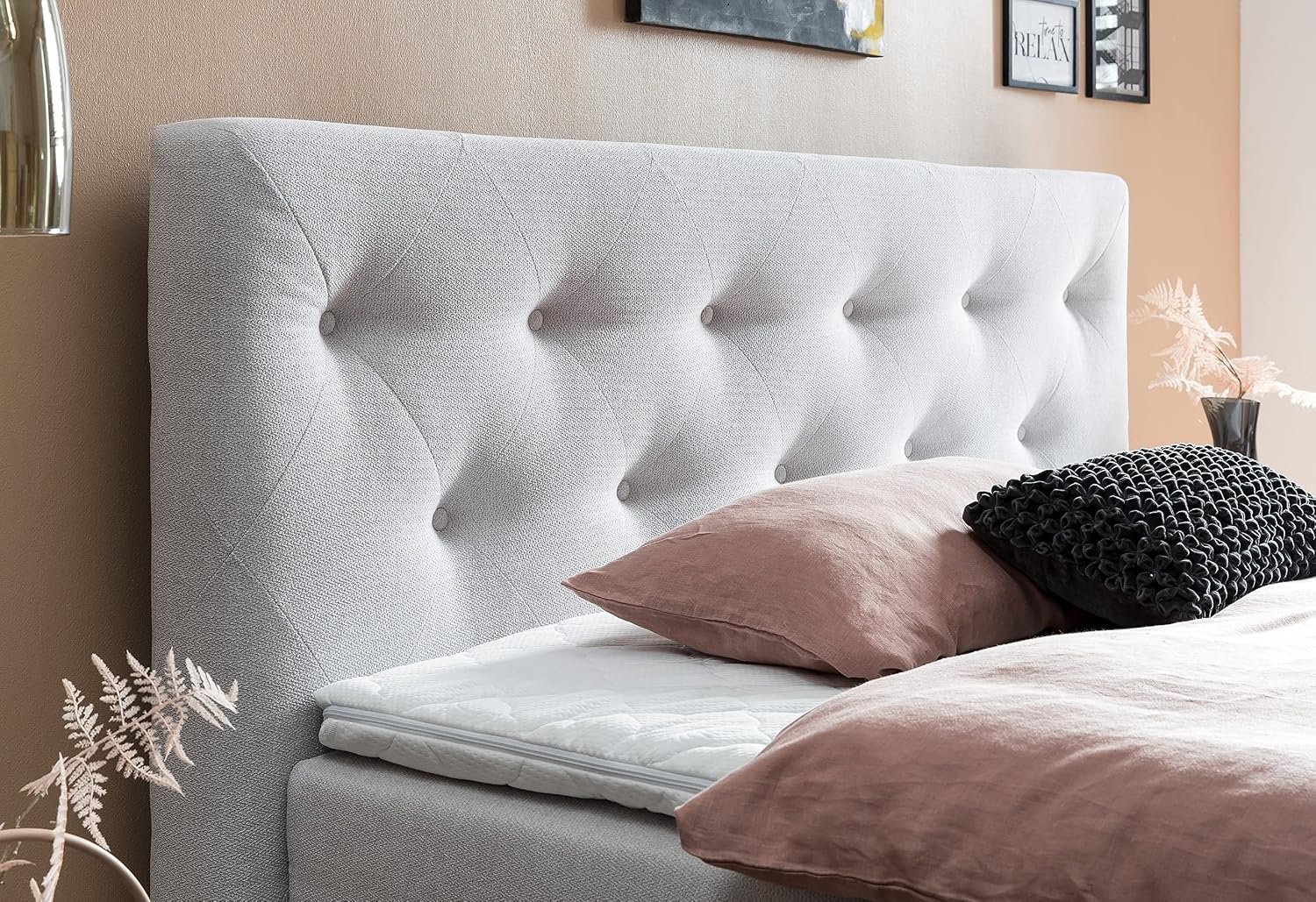 Belanoti MARBO Boxspringbett 180x200 Mit Bettkasten 7-Zonen Taschenfederkern Matratze Inklusive Visco Topper Weißgrau