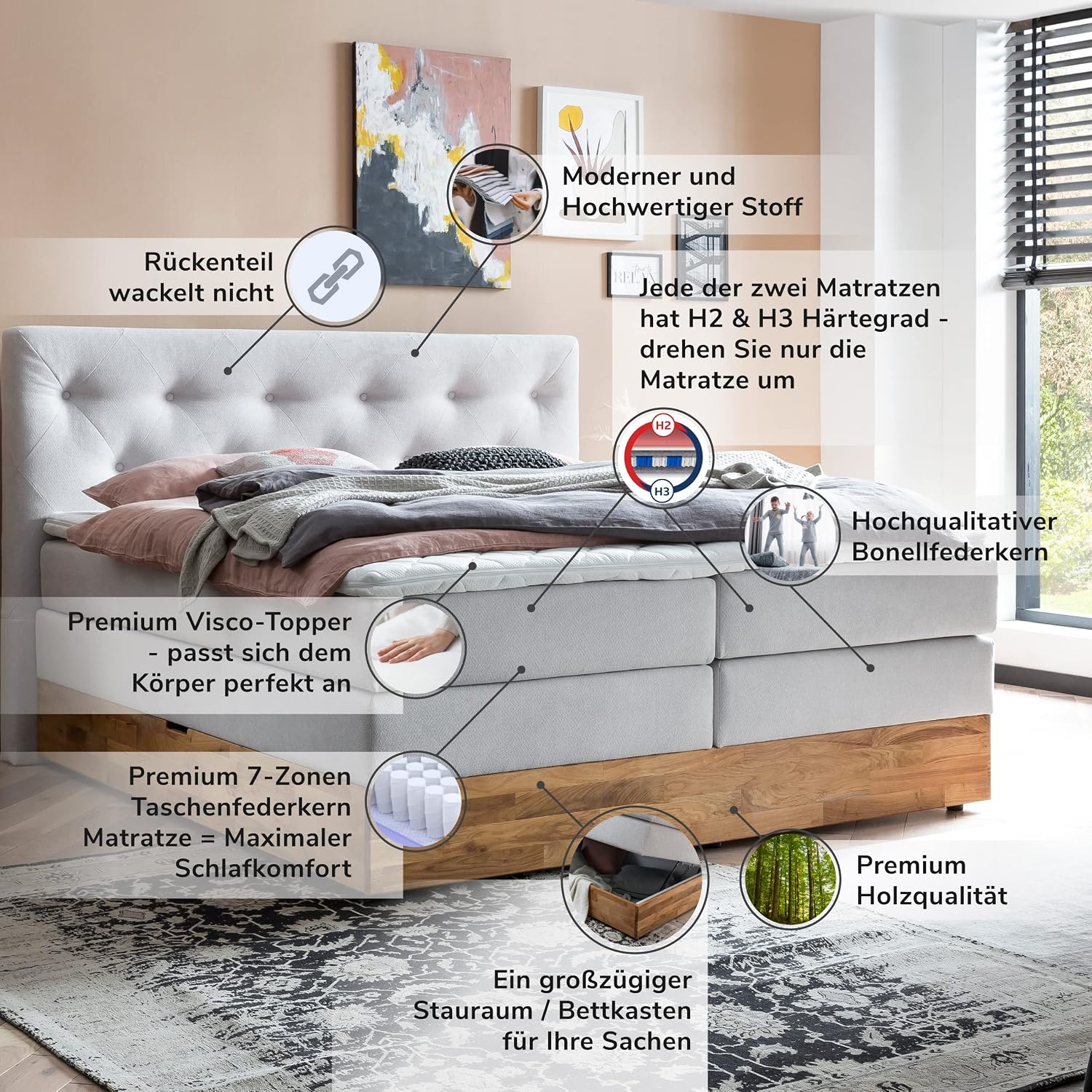 Belanoti MARBO Boxspringbett 180x200 Mit Bettkasten 7-Zonen Taschenfederkern Matratze Inklusive Visco Topper Weißgrau
